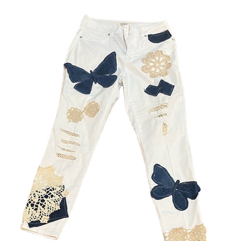 Stylish upcycled unique White and Blue Women's Jeans with Lace Accents box 13